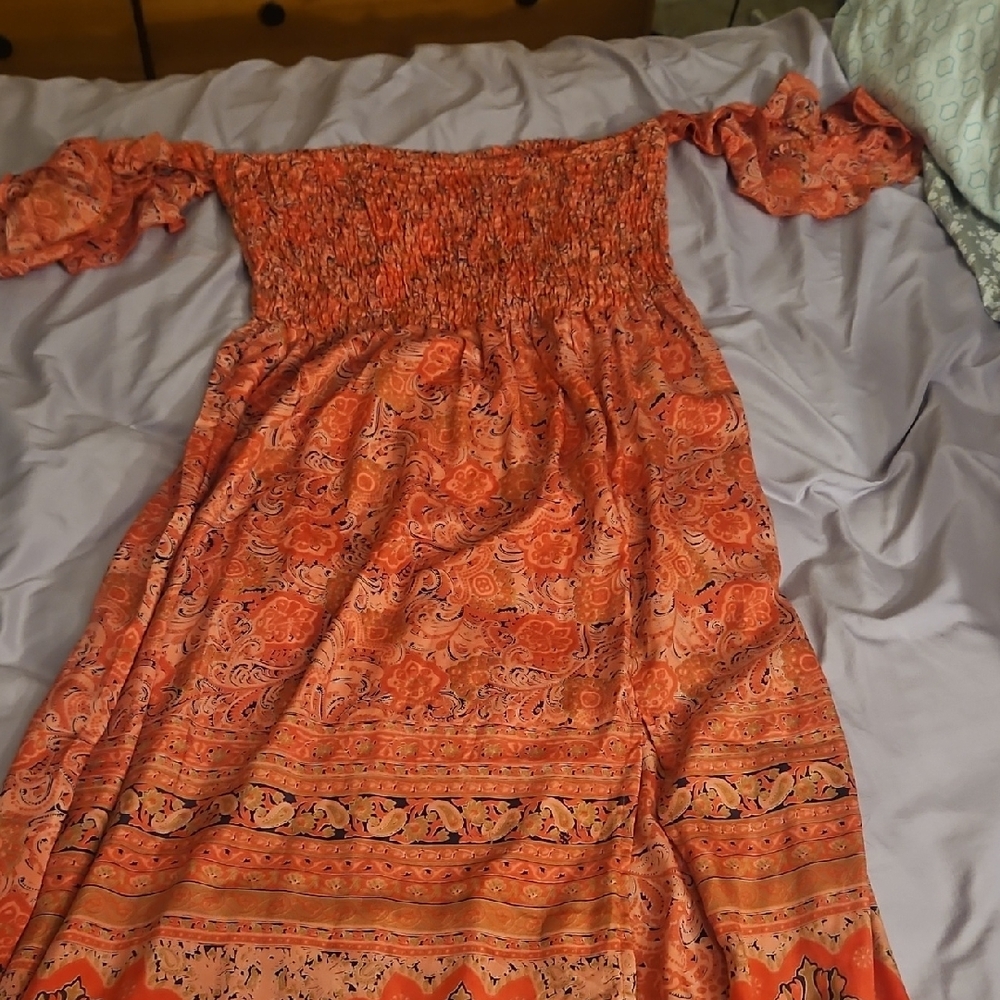 RAGA Orange Smocked Off-Shoulder Sundress